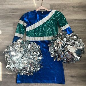 Sparkling Blue and Green Kids Dance Pom Pom Shift Costume with Pom Poms